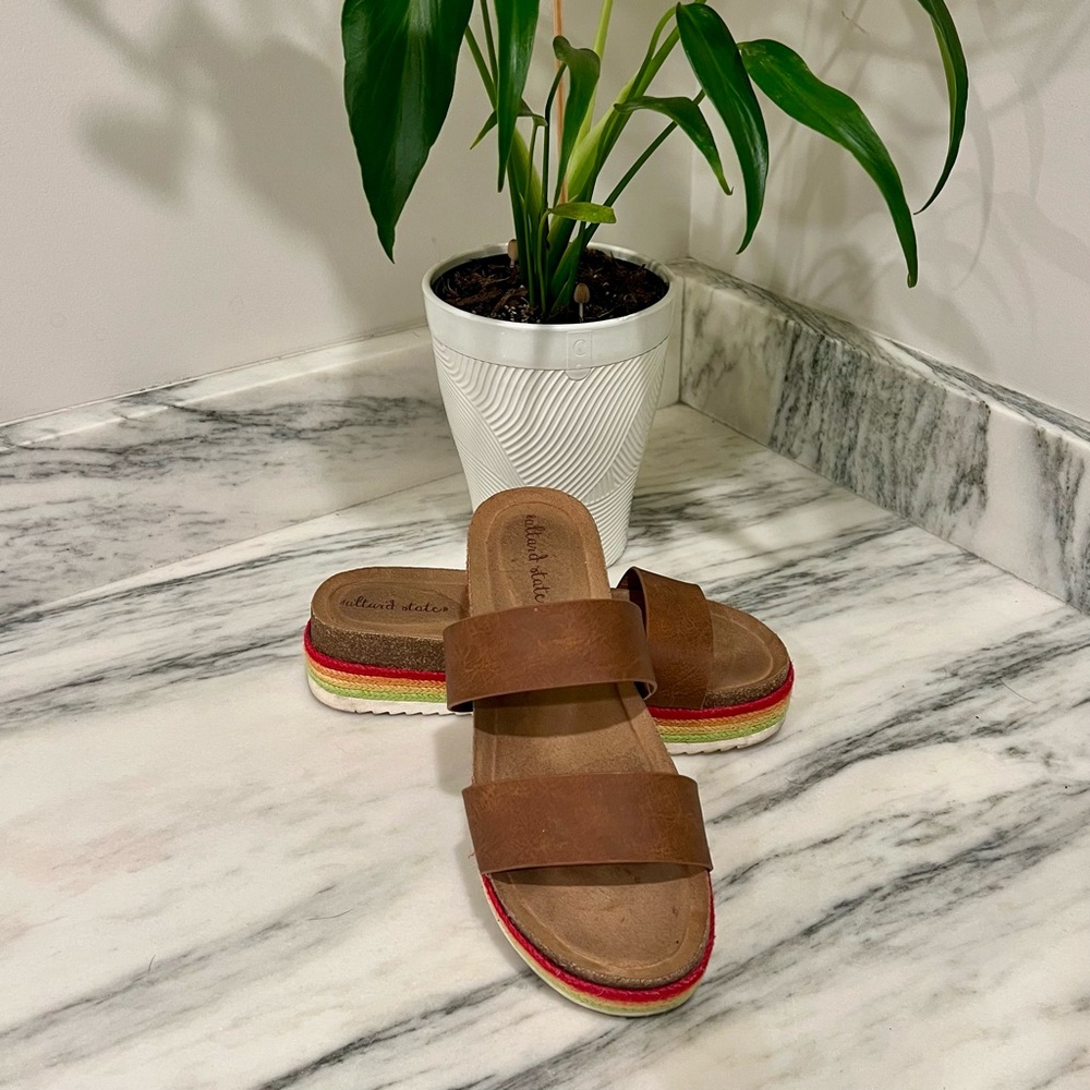 Altar'd State Brown Leather Double-Strap Platform Sandals with Rainbow Trim